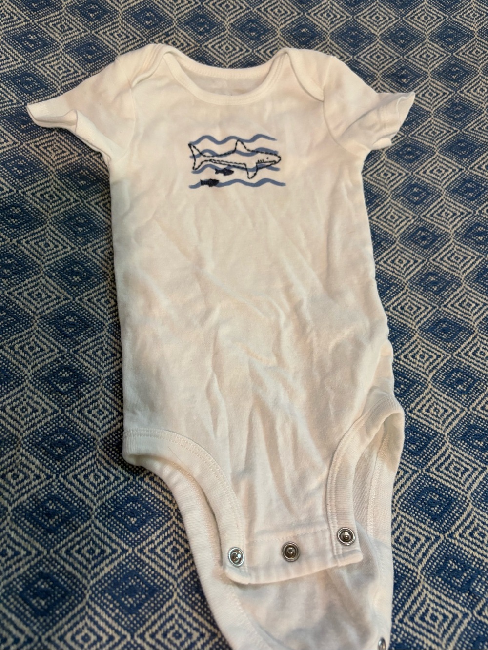 Carter's White Short-Sleeve Baby Bodysuit with Navy Shark Embroidery